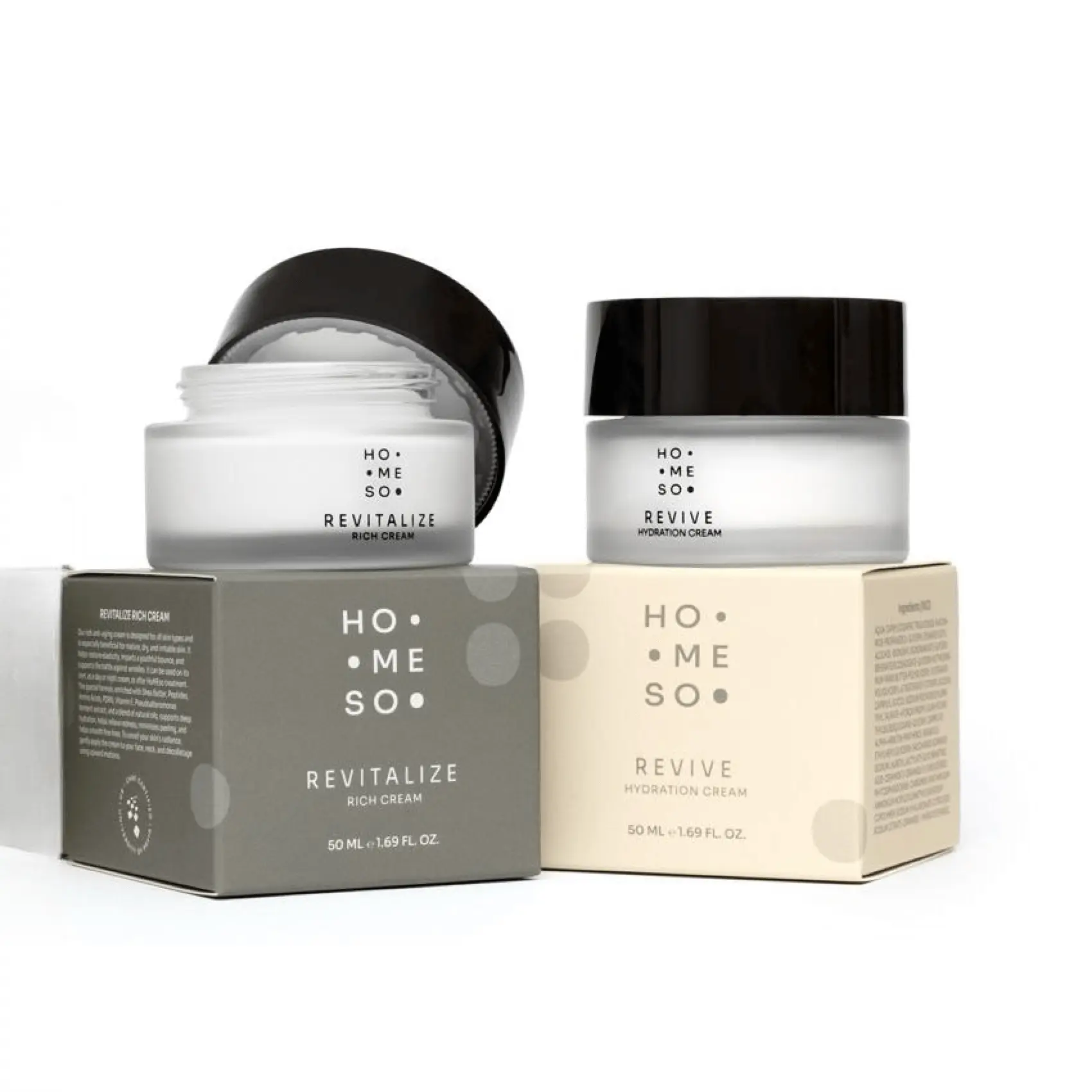 קרמי HoMEso Revive ו־Revitalize Rich, המשווים בין לחות יומיומית לבין שיקום המחסום אחרי מיקרונידלינג.