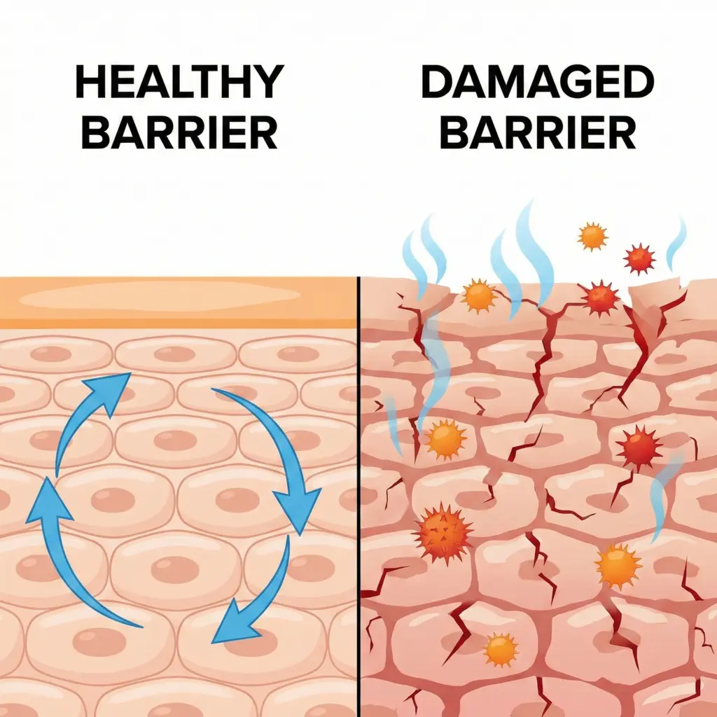 Diagram primerjave zdrave kožne bariere proti poškodovani barieri z mikro-razpokami, ki omogočajo vdor bakterij.