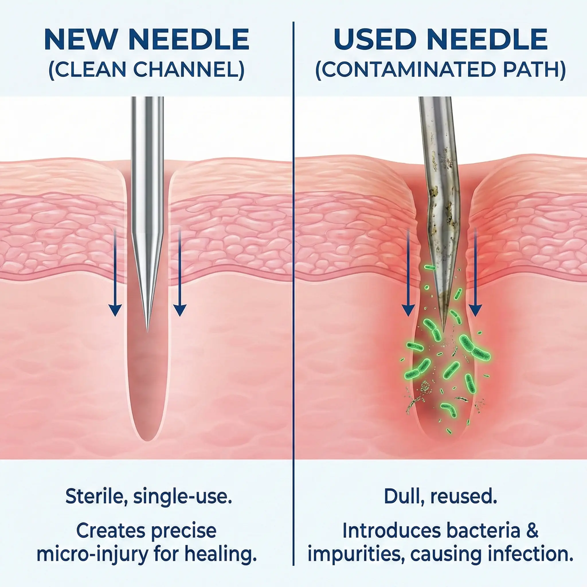Porovnanie pod mikroskopom: Sterilná nová mikroihla vs. použitá kontaminovaná ihla zavádzajúca baktérie do kožných kanálikov.