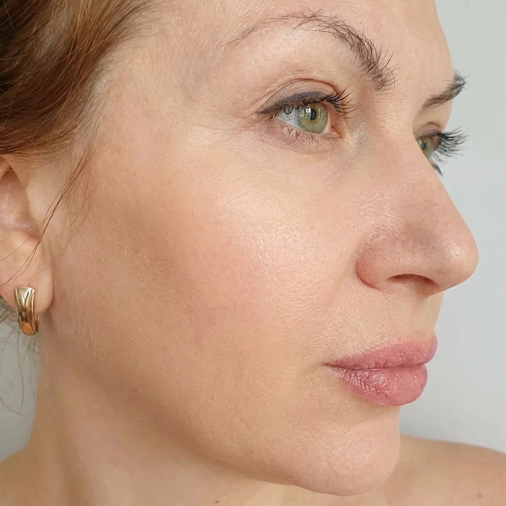 Nærbillede i profil, der viser glat, jævn hudtekstur efter HoMEso microneedling-behandling.