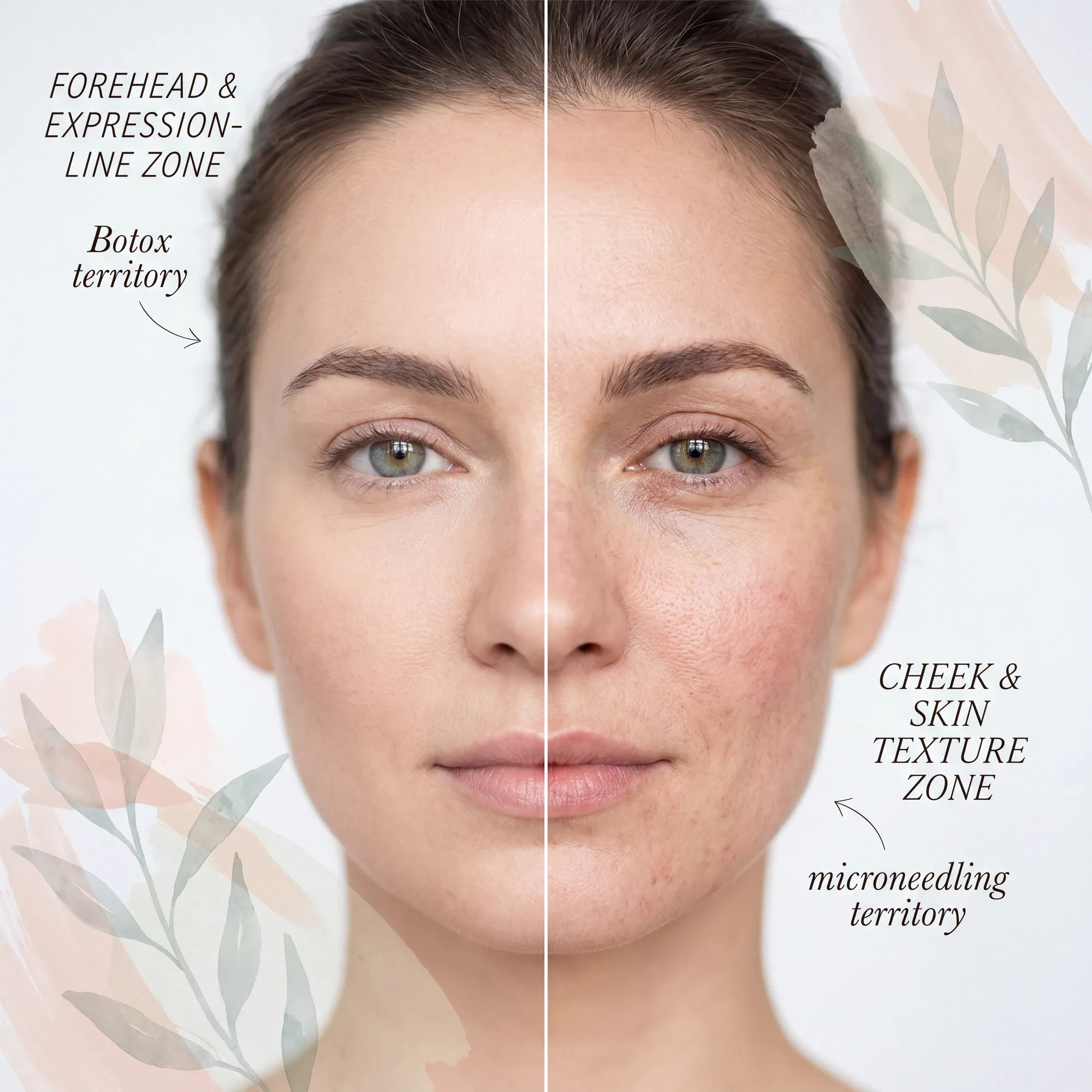 Összehasonlítás: Botox kezelési zónák a homlokon vs mikrotűs kezelés zónák az arcon