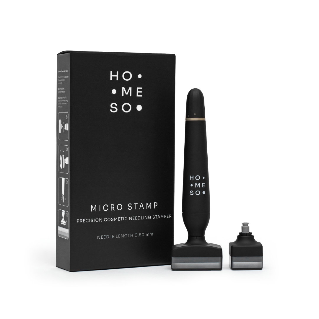 HoMEso Micro Stamp handpiece with its 64- and 120-needle heads next to the box