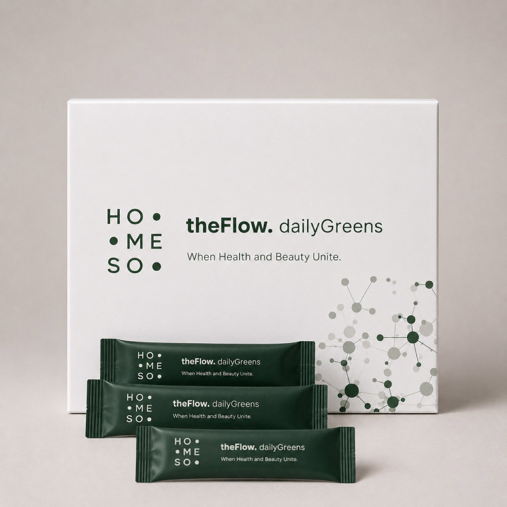 Boîte de theFlow. dailyGreens avec trois sachets unidose quotidiens